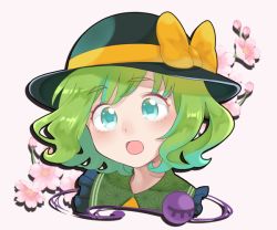 Rule 34 | 1girl, :o, black hat, blush, bogyaku no m, bow, cherry blossoms, commentary request, cropped shoulders, eyeball, flower, green eyes, green hair, hat, hat bow, komeiji koishi, open mouth, pink flower, portrait, ribbon, short hair, simple background, solo, swept bangs, third eye, touhou, wavy hair, white background, yellow bow, yellow ribbon