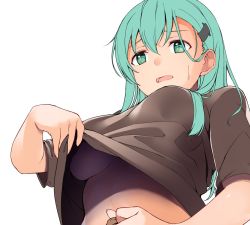 Rule 34 | 10s, 1girl, aqua eyes, aqua hair, breasts, brown shirt, byte (allbyte), clothes lift, from below, hair between eyes, hair ornament, hairclip, kantai collection, long hair, medium breasts, no bra, open mouth, shirt, shirt lift, short sleeves, simple background, solo, suzuya (kancolle), sweat, underboob, unfinished, upshirt, white background