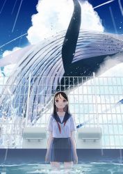 Rule 34 | 1girl, absurdres, arms at sides, black hair, blue sky, cloud, day, fence, ghost, highres, long hair, looking at viewer, original, outdoors, pool, purple eyes, school uniform, see-through, serafuku, shirt, short sleeves, sky, solo, un (un0044), wading, water, water drop, wet, whale, white shirt
