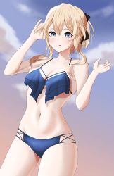 Rule 34 | 1girl, absurdres, bare arms, bare shoulders, bikini, black bow, blonde hair, blue bikini, blue eyes, blue sky, bow, breasts, cleavage, cloud, commentary request, cowboy shot, genshin impact, hair between eyes, hair bow, hands up, highres, jean (genshin impact), long hair, looking at viewer, medium breasts, navel, outdoors, parted lips, partial commentary, sky, solo, standing, stomach, swimsuit, thighs, tsukanko16