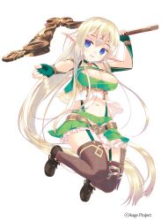 Rule 34 | 10s, 1girl, ange vierge, arikawa satoru, black footwear, blonde hair, blue eyes, bra, breasts, brown thighhighs, character request, circlet, cleavage, dagger, elf, fingerless gloves, full body, gloves, green bra, green gloves, green skirt, jumping, knife, light smile, long hair, looking at viewer, medium breasts, navel, original, outstretched hand, platinum blonde hair, pointy ears, shoes, skirt, solo, staff, thigh strap, thighhighs, underwear, weapon, white background