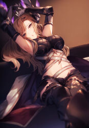 Rule 34 | 1girl, armpits, arms up, asymmetrical hair, bare shoulders, belt, black shorts, blush, breasts, brown eyes, crop top, elbow gloves, genyaky, gloves, granblue fantasy, grey gloves, head wings, highres, large breasts, leaning back, light brown hair, long hair, looking at viewer, midriff, navel, open mouth, short shorts, shorts, sidelocks, sitting, solo, thighs, tweyen (granblue fantasy), wings