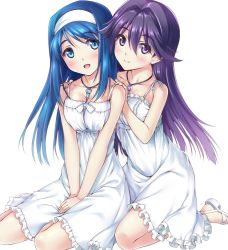 Rule 34 | 2girls, blue eyes, blue hair, breasts, commentary request, dress, frilled dress, frills, full body, futaba aoi (vividred operation), hairband, jewelry, kneeling, kuroki rei, long hair, looking at viewer, medium breasts, multiple girls, necklace, nonbe, toeless footwear, purple eyes, purple hair, simple background, spaghetti strap, sundress, v arms, vividred operation, white background, white dress, white footwear, white hairband