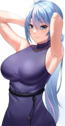Rule 34 | 1girl, armpits, arms behind head, azura cecillia, blue dress, blue eyes, blush, breasts, commentary request, dobure18, dress, hair between eyes, highres, impossible clothes, impossible dress, jewelry, large breasts, long hair, looking at viewer, mole, mole on armpit, multicolored hair, necklace, nijisanji, nijisanji id, pink hair, rope belt, simple background, sleeveless, sleeveless dress, smile, solo, streaked hair, turtleneck, upper body, virtual youtuber