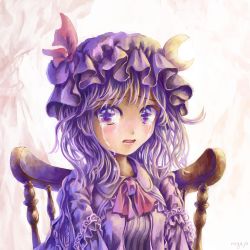 Rule 34 | 1girl, alternate hair length, alternate hairstyle, artist name, bad id, bad pixiv id, chair, crescent, crescent hair ornament, crying, crying with eyes open, curtains, dress, hair ornament, hat, hat ribbon, looking at viewer, mob cap, nagayo, open mouth, patchouli knowledge, purple eyes, purple hair, ribbon, robe, short hair, solo, striped clothes, striped dress, tears, touhou, upper body, white background