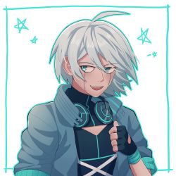 Rule 34 | 1boy, :d, ahoge, android, black gloves, blue eyes, blue jacket, border, cheer (cheerpuppy14), commentary, danganronpa (series), danganronpa v3: killing harmony, english commentary, fingerless gloves, gloves, grey eyes, grey hair, headphones, highres, jacket, k1-b0, male focus, open clothes, open jacket, open mouth, short hair, simple background, smile, solo, star (symbol), teeth, upper body, upper teeth only, white background