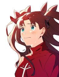Rule 34 | 1girl, blush, breasts, brown hair, closed mouth, collared shirt, cross print, crying, crying with eyes open, fate/stay night, fate (series), green eyes, hal (haaaalhal), highres, long hair, looking to the side, shirt, solo, tears, tohsaka rin, two side up, upper body, white background