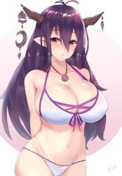 Rule 34 | 1girl, arms behind back, bare shoulders, bikini, breasts, breath, cleavage, covered erect nipples, cowboy shot, danua, draph, granblue fantasy, hair between eyes, halterneck, highres, horn ornament, horns, huge breasts, jewelry, kuavera, long hair, looking at viewer, multi-strapped bikini, navel, necklace, parted lips, pendant, red eyes, solo, standing, stomach, swimsuit, white bikini
