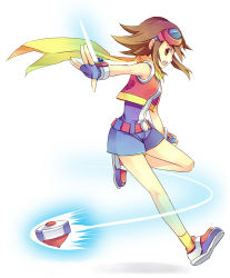Rule 34 | 1girl, artist request, bare legs, blouse, creatures (company), game freak, goggles, nintendo, pokemon, pokemon ranger, pokemon ranger 3, pokemon ranger traces of light, scarf, shirt, shoes, simple background, sleeveless, sleeveless shirt, smile, socks, solo, spiked hair, summer (pokemon), white background, yellow socks