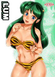 Rule 34 | 1girl, animal print, bare arms, bare legs, bare shoulders, bikini, bikini top only, blue eyes, blush, breasts, breasts apart, character name, cleavage, collarbone, cowboy shot, eyebrows, green hair, groin, hair over shoulder, hand on own chest, hand up, happy, head tilt, highres, horns, large breasts, legs, legs apart, long hair, looking at viewer, lum, navel, parted lips, puffy nipples, sakuradou, shiny skin, simple background, smile, solo, standing, strapless, swimsuit, thighs, thong, tiger print, urusei yatsura