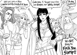Rule 34 | 4girls, absurdres, ahoge, angry, armor, arrow (projectile), bb (baalbuddy), black hair, blonde hair, breasts, brown hair, cleavage, coat, elf, english text, fur coat, highres, long hair, looking at another, multiple girls, original, pointy ears, quiver, scabbard, sheath, sheathed, shoulder armor, skull, sword, weapon