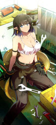 1girl absurdres arknights arm_strap bare_shoulders belt belt_buckle black_gloves black_hair blue_eyes breasts brown_pants buckle cleavage closed_mouth collarbone colored_tips crop_top cropped_shirt eunectes_(arknights) eunectes_(forgemaster)_(arknights) flying_sweatdrops gloves grey_belt hand_on_own_thigh highres indoors large_breasts looking_at_viewer midriff multicolored_hair navel official_alternate_costume pants pointy_ears purple_eyes purple_hair samacho scratches screw shirt short_hair sleeveless sleeveless_shirt solo streaked_hair tail toolbox torn_clothes torn_shirt white_shirt wrench