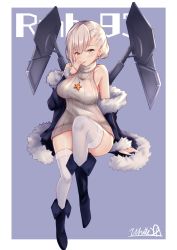 Rule 34 | 1girl, absurdres, bare shoulders, black footwear, black jacket, blush, boots, braid, breasts, brown eyes, brown sweater, character name, commentary request, finger in own mouth, fingernails, fur-trimmed jacket, fur-trimmed sleeves, fur trim, girls&#039; frontline, hair between eyes, hakuya (white night), head tilt, highres, jacket, jewelry, large breasts, light brown hair, long sleeves, necklace, off shoulder, parted lips, purple background, rmb-93 (girls&#039; frontline), shield module, signature, sleeveless, solo, star (symbol), star necklace, sweater, thighhighs, turtleneck, turtleneck sweater, two-tone background, white background, white thighhighs
