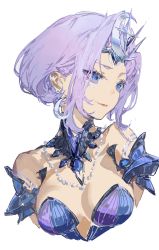 Rule 34 | 1girl, absurdres, bare shoulders, blue eyes, breasts, closed mouth, copyright request, crescent, cropped torso, detached collar, earrings, headpiece, highres, jewelry, looking away, looking to the side, medium breasts, messikid, necklace, pearl necklace, purple hair, short hair, simple background, smile, solo, upper body, white background