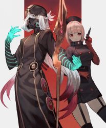 Rule 34 | 1boy, 1girl, alternate costume, asclepius (fate), bandana, black dress, bow, breasts, buttons, closed mouth, commentary request, dress, fate/grand order, fate (series), floating, floating object, florence nightingale (fate), gas mask, gloves, glowing, gradient hair, green eyes, hair between eyes, hair bow, hair over one eye, hair ribbon, hat, highres, holding, holding syringe, lack, long hair, looking at viewer, looking away, mask, masked, medium breasts, mouth mask, multicolored hair, nurse, nurse cap, pink hair, red bow, red eyes, red gloves, red hair, red ribbon, ribbon, short hair, staff, syringe, trait connection, very long hair, white hair