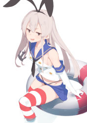 Rule 34 | 1girl, anchor, anchor hair ornament, black eyes, black neckerchief, black panties, blonde hair, blue skirt, blush, breasts, elbow gloves, fikusipu, gloves, hair ornament, hairband, highleg, highleg panties, highres, innertube, kantai collection, long hair, looking at viewer, microskirt, miniskirt, neckerchief, open mouth, panties, partially submerged, sailor collar, shimakaze (kancolle), sideboob, simple background, skirt, small breasts, solo, striped clothes, striped thighhighs, swim ring, thighhighs, thighs, underwear, white background, white gloves