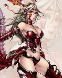 Rule 34 | 1girl, armor, bad id, bad pixiv id, bare shoulders, breasts, choker, cleavage, collarbone, dragon girl, dragon tail, elf, hair ornament, kotobuki ryou, lips, monster girl, navel, original, pointy ears, red eyes, scales, silver hair, solo, tail, thighhighs, zoom layer