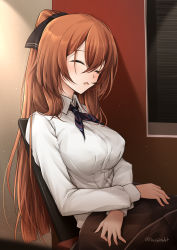 Rule 34 | 1girl, black bow, blue neckerchief, bow, breasts, brown hair, closed eyes, commentary request, dress shirt, girls&#039; frontline, hair between eyes, hair bow, high ponytail, indoors, large breasts, long hair, long sleeves, macchiato (jae-min cho), neckerchief, parted lips, ponytail, shirt, sitting, sleeping, solo, springfield (girls&#039; frontline), striped neckerchief, striped neckwear, twitter username, very long hair, white shirt