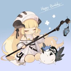 Rule 34 | 1girl, :o, absurdly long hair, arknights, bare shoulders, bird, blonde hair, blue background, blush, chibi, closed eyes, clothing cutout, demon girl, demon horns, dress, happy birthday, hat, highres, holding, holding staff, horns, horns through headwear, junchao, long hair, nightingale (arknights), open mouth, seiza, shoulder cutout, simple background, sitting, solo, staff, very long hair, white dress, white hat
