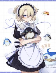 Rule 34 | 1boy, absurdres, apron, bird, blonde hair, blush, closed mouth, food, freminet (genshin impact), genshin impact, gorila chan, hair over one eye, hat, highres, looking at viewer, maid, maid apron, maid headdress, male focus, omelet, omurice, penguin, pers (genshin impact), purple eyes, short hair, simple background, solo, stuffed animal, stuffed toy, trap