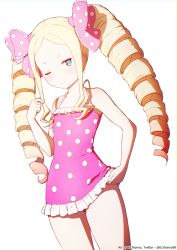 Rule 34 | 1girl, beatrice (re:zero), blonde hair, blue eyes, breasts, commission, cowboy shot, drill hair, ecjhonny89, hair ribbon, long hair, looking at viewer, one-piece swimsuit, one eye closed, re:zero kara hajimeru isekai seikatsu, ribbon, sidelocks, simple background, small breasts, solo, standing, swimsuit, symbol-shaped pupils, thighs, twin drills, white background