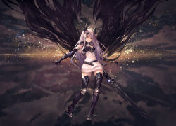 Rule 34 | 10s, 1girl, arm at side, armor, armored boots, backlighting, belt, black gloves, black thighhighs, black wings, boots, breastplate, breasts, cleavage, cloud, cloudy sky, dark angel olivia, dress, elbow gloves, fantasy, gloves, glowing, granblue fantasy, hair ornament, high heel boots, high heels, highres, holding, holding sword, holding weapon, horizon, horns, legs apart, lens flare, light particles, long hair, looking at viewer, medium breasts, outdoors, pauldrons, red eyes, reflection, ribbed sweater, ripples, shingeki no bahamut, short dress, shoulder armor, silver hair, sky, solo, spread fingers, standing, sweater, sweater dress, sword, tachikawa mushimaro, thigh boots, thighhighs, vambraces, very long hair, wading, water, weapon, white dress, white sweater, wings, zettai ryouiki