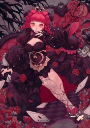 Rule 34 | 1girl, ace (playing card), ace of hearts, black dress, blurry, braid, card, clothing cutout, couch, dress, dropping, flower, frilled dress, frills, full body, hair bun, heart, highres, lace, lace-trimmed legwear, lace trim, long sleeves, looking at viewer, on couch, open mouth, original, playing card, puffy long sleeves, puffy sleeves, red eyes, red flower, red hair, red nail polish, red rose, rose, shiiro illust, short hair, single hair bun, solo, twin braids