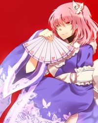 Rule 34 | 1girl, :p, anthiea, bad id, bad pixiv id, breasts, bug, butterfly, female focus, folding fan, hair ornament, hand fan, holding, insect, japanese clothes, kimono, no headwear, obi, paper fan, pink hair, red background, red eyes, ribbon, saigyouji yuyuko, sash, short hair, simple background, smile, solo, tongue, tongue out, touhou, yellow eyes
