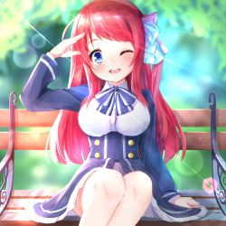 Rule 34 | 10s, 1girl, alisia0812, bad id, bad twitter id, bench, blue eyes, blurry, blurry background, bow, bowtie, breasts, commentary request, dress, framed breasts, hair bow, highres, large breasts, long hair, long sleeves, minamoto sakura, one eye closed, park bench, red hair, sitting, solo, sunlight, zombie land saga