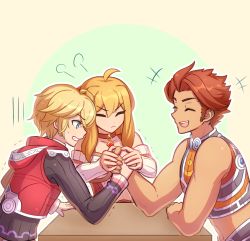 Rule 34 | 1girl, 2boys, :d, arm wrestling, bare arms, blonde hair, clenched teeth, commentary, detached sleeves, english commentary, enni, closed eyes, fiora (xenoblade), frown, long hair, long sleeves, multiple boys, muscular, muscular male, open mouth, red hair, reyn (xenoblade), shulk (xenoblade), sleeveless, smile, teeth, xenoblade chronicles 1, xenoblade chronicles (series)
