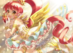 Rule 34 | 1girl, apple, blush, brown eyes, commentary request, dress, food, frills, fruit, gloves, high ponytail, holding, holding food, holding fruit, jinno (jin c kkry), long hair, open mouth, ponytail, pretty series, pripara, red hair, shiratama mikan, smile, solo, white dress, white gloves