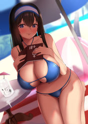 Rule 34 | 1girl, ball, bare shoulders, beach, beach umbrella, beachball, bikini, black hair, blue bikini, blue eyes, blurry, blurry background, blush, book, breasts, cleavage, commentary request, day, dearonnus, hair between eyes, hairband, holding, holding book, huge breasts, idolmaster, idolmaster cinderella girls, jewelry, long hair, looking at viewer, milk, navel, necklace, open mouth, outdoors, parted lips, revision, sagisawa fumika, seiza, sitting, smile, solo, stomach, swimsuit, thighs, umbrella