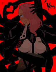 Rule 34 | 1girl, artist name, blue eyes, bodysuit, breasts, commentary, cyborg, dark-skinned female, dark skin, english commentary, extra arms, hair over one eye, heart, heart hands, highres, holding, holding weapon, koyorin, large breasts, long hair, looking at viewer, metal gear (series), metal gear rising: revengeance, mistral (metal gear rising), pink hair, red background, solo, weapon
