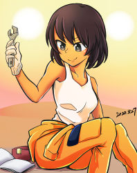 Rule 34 | 1girl, absurdres, black eyes, bob cut, book, brown hair, closed mouth, clothes around waist, commentary, dark-skinned female, dark skin, dated, girls und panzer, gloves, hidanedane, highres, holding, holding wrench, hoshino (girls und panzer), jumpsuit, mechanic, one-hour drawing challenge, orange jumpsuit, shirt, short hair, sitting, smile, solo, tank top, uniform, white gloves, white shirt, wrench