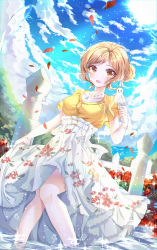 Rule 34 | 1girl, :d, absurdres, bad id, bad pixiv id, bird, bird on hand, blonde hair, blue sky, clothes lift, cloud, collarbone, day, flower, garden, gem, highres, huge filesize, idolmaster, idolmaster shiny colors, jewelry, knees together feet apart, lifting own clothes, long skirt, necklace, open mouth, outdoors, parted bangs, petals, pillar, print skirt, sakuragi mano, shirt, sidelocks, skirt, skirt lift, sky, smile, solo, sparkle, sun, tree, wading, water, white bird, white skirt, wine (2148 wine), yellow eyes, yellow shirt