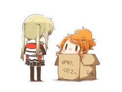 Rule 34 | 10s, 2girls, aquila (kancolle), blonde hair, blush, box, cardboard box, chibi, commentary, from behind, graf zeppelin (kancolle), hair ornament, hairclip, in box, in container, kantai collection, multiple girls, orange hair, pantyhose, ponytail, rebecca (keinelove), solid oval eyes, twintails, white background