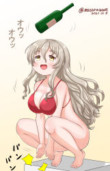 Rule 34 | 1girl, bikini, bikini top only, bottle, bottomless, brown eyes, commentary request, drunk, grey hair, kantai collection, long hair, looking up, masara (chuujou), pola (kancolle), red bikini, simple background, solo, squatting, swimsuit, thick eyebrows, twitter username, wavy hair, white background, wine bottle