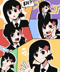 Rule 34 | 1girl, absurdres, black eyes, black hair, black necktie, chainsaw man, commentary, formal, frown, hair ornament, hairclip, hand on own chin, higashiyama kobeni, highres, holding, holding knife, kermittend, knife, menacing (jojo), mole, mole under eye, mole under mouth, multiple moles, necktie, open mouth, ponytail, shaded face, suit, sweat, waving