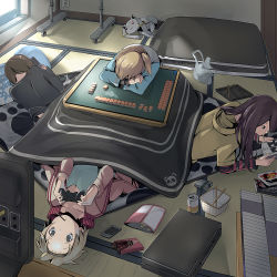 Rule 34 | 10s, 4girls, bag, black eyes, black hair, blonde hair, board game, brown hair, can, cellphone, chips (food), cigarette pack, controller, food, game controller, holding, kenja tori, kotatsu, kyubey, long hair, lying, mahjong, mahjong tile, mahou shoujo madoka magica, mahou shoujo madoka magica (anime), mouth hold, multiple girls, on side, open mouth, original, phone, playing games, pocky, potato chips, reading, shopping bag, short hair, side ponytail, stuffed toy, sunlight, table, tatami, television, track suit, window