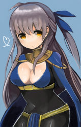 Rule 34 | 1girl, :o, angry, blue background, blush, bodysuit, breasts, cape, cleavage, dark mage (fire emblem awakening), fire emblem, fire emblem: radiant dawn, fire emblem awakening, hair ribbon, long hair, looking at breasts, micaiah (fire emblem), navel, nintendo, official alternate costume, ribbon, silver hair, simple background, solo, toi (toiot), yellow eyes