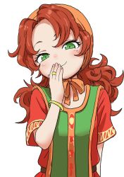 Rule 34 | 1girl, bracelet, covering own mouth, dragon quest, dragon quest vii, dress, green eyes, hand over own mouth, highres, hood, jewelry, long hair, looking at viewer, maribel (dq7), red hair, ring, short sleeves, simple background, smile, smug, solo, square enix, white background, yamamoto souichirou