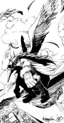 Rule 34 | boots, city, cloud, cloudy sky, coat, feathered wings, feathers, fur-trimmed sleeves, fur trim, gloves, greyscale, highres, long hair, mask, monochrome, mountain, original, plague doctor mask, rooftop, sky, squatting, tochi keisuke, wings