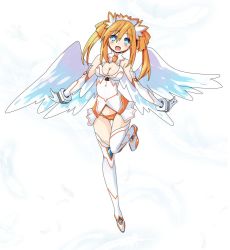Rule 34 | 1girl, :d, adapted costume, bare shoulders, blue eyes, blush, breasts, cleavage cutout, clothing cutout, commentary request, elbow gloves, feathered wings, four goddesses online: cyber dimension neptune, full body, gloves, groin, happy, iwashi dorobou -r-, leg up, leotard, long hair, looking at viewer, medium breasts, neptune (series), open mouth, orange hair, orange heart (neptunia), power symbol, power symbol-shaped pupils, shin jigen game neptune vii, simple background, smile, solo, standing, standing on one leg, symbol-shaped pupils, twintails, white background, white gloves, white legwear, white leotard, white wings, wings