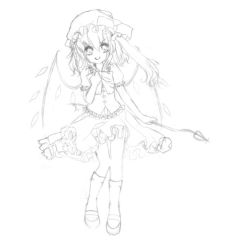 Rule 34 | 1girl, dress, female focus, flandre scarlet, full body, greyscale, hat, hat ribbon, laevatein, mary janes, mob cap, monochrome, noorrzz, ribbon, shoes, short hair, side ponytail, sketch, socks, solo, touhou, traditional media, white background, wings