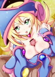 Rule 34 | 1boy, 1girl, bad id, bad pixiv id, bar censor, bare shoulders, blonde hair, blush, blush stickers, breasts, censored, choker, cleavage, dark magician girl, duel monster, green eyes, hat, heart, hetero, highres, large breasts, long hair, looking at viewer, paizuri, paizuri under clothes, penis, pentacle, smile, tongue, tongue out, wizard hat, yasakano tama, yu-gi-oh!, yuu-gi-ou, yu-gi-oh! duel monsters
