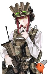 Rule 34 | 1girl, assault rifle, black necktie, braid, braided ponytail, camouflage, camouflage headwear, chainsaw man, chest rig, collared shirt, fte (fifteen 199), gun, h&amp;k hk416, headset, holding, holding gun, holding weapon, looking at viewer, makima (chainsaw man), medium hair, necktie, night vision device, pochita (chainsaw man), red hair, rifle, ringed eyes, shirt, sidelocks, simple background, solo, tactical clothes, vest, weapon, white background, white shirt, yellow eyes