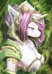 Rule 34 | 1girl, absurdres, animal ear fluff, animal ears, armor, breasts, cleavage, close-up, closed mouth, collarbone, colored eyelashes, eyebrows, eyelashes, fur collar, furry, furry female, highres, horns, kameloh, legend of mana, long hair, looking away, looking to the side, profile, purple eyes, purple hair, seiken densetsu, shoulder armor, sierra (lom), single horn, solo, thick eyebrows, upper body, white fur, wolf ears, wolf girl