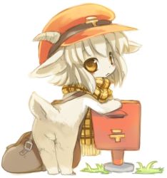 Rule 34 | androgynous, animal ears, bag, forest of pixiv, full body, furry, gender request, hat, horns, kishibe, scarf, short hair, simple background, solo, tail, white background