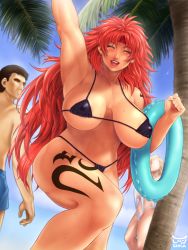 Rule 34 | 2girls, bikini, blush, breasts, closed eyes, covered erect nipples, ginga azuma, highres, huge breasts, large breasts, long hair, multiple girls, nail polish, open mouth, queen&#039;s blade, red hair, risty (queen&#039;s blade), smile, swimsuit, tattoo