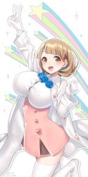 Rule 34 | 10s, 1girl, 2016, :d, blue flower, breasts, brown eyes, brown hair, dated, flower, gloves, hair ornament, hairclip, hattori masaki, heart, heart hair ornament, high-waist skirt, highres, lab coat, large breasts, narusawa ryouka, occultic;nine, open mouth, raised eyebrows, short hair, skirt, smile, solo, thighhighs, thighs, v, white thighhighs